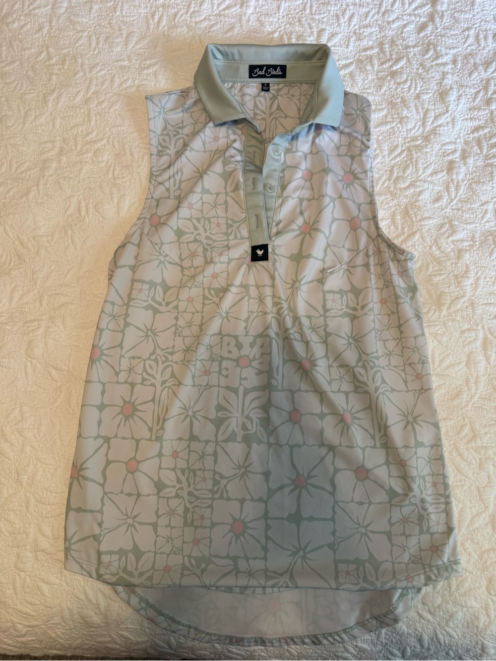 Bad Birdie Mint Green Sleeveless Floral Polo with Pink Accents